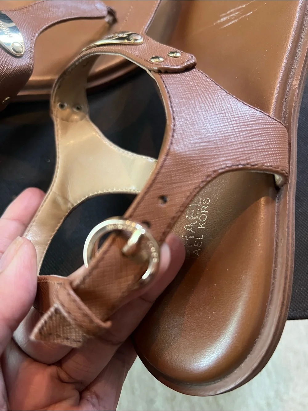 Michael Kors Brown Leather T-Strap Sandals with Gold Logo Plaque